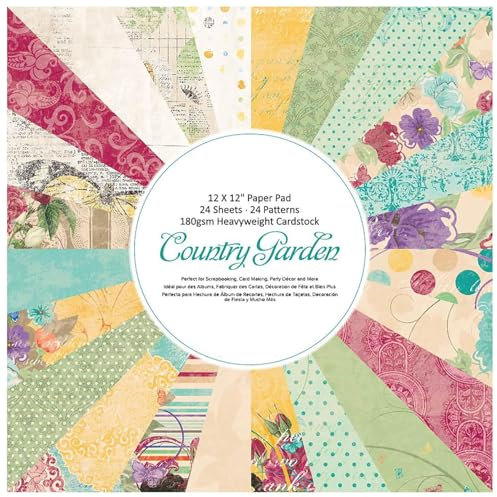 ZAKHSE Motivpapier zum Basteln, 24 Blatt Designpapier Doppelseitig 30x30cm Ländlicher Garten Motive Scrapbook Papier, 12 Designs, 24 Muster, 180gsm Dickes Gemustertes Bastelpapier für Handwerk