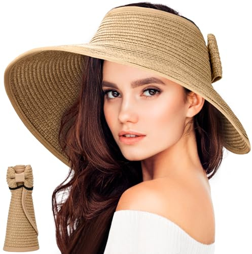 BellaGesundheit Sombrero de Paja Plegable para Mujer, protección UV UPF 50+, Sombrero de Verano para Playa y Actividades al Aire Libre (Caqui)
