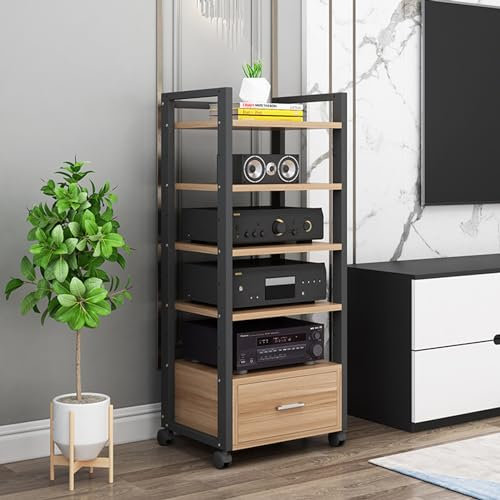 Tour audio mobile à 5 niveaux, support multimédia AV, support pour lecteur CD, meuble de rangement pour composants stéréo et centre multimédia ouvert avec étagère en bois réglable en hauteur (B-60 x
