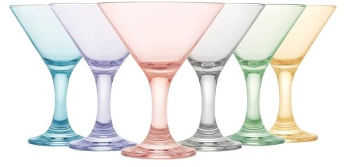 Juego de 6 Copas de Martini Coloridos (6.4 oz/190 ml). Copas de Cóctel, Expresso Martini, Margarita, y Prosecco, Copa Champán de Largo Pie