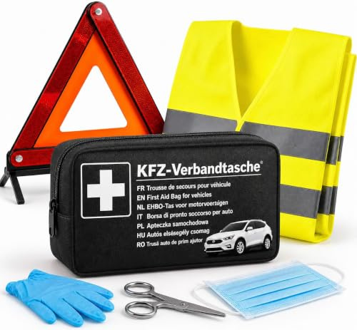 TK Gruppe Timo Klingler 3 in 1 - Auto Set 2026- Warnweste & Warndreick & Verbandskasten - Geprüftes Autozubehör - DIN Norm nach StVO - Erste Hilfe Pannenset (3 in 1 Set)