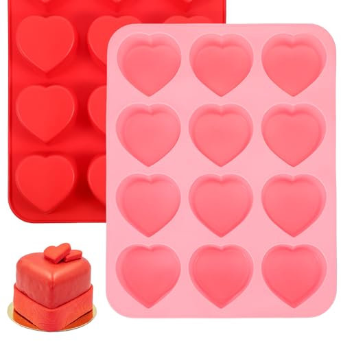 Gjinxi Heart Ice Cube Tray 2PCS, Reusable Silicone Baking Moulds Heart Ice Cube Tray, Non-Stick Quick Release Chocolate Mold Muffins Egg Bites Cupcake Pan Novelty Valentine DIY Cake Baking Molds