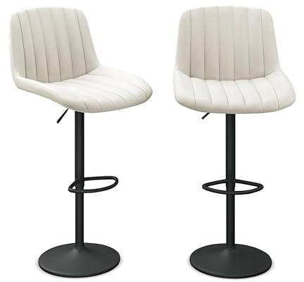 URBNLIVING Taburetes de bar acanalados ajustables con respaldo, sillas de desayuno giratorias con elevación de gas con reposapiés, taburetes de cocina de piel sintética, fácil montaje, 7 colores