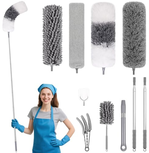 Venuso 10 PCS Dusters for Cleaning, Microfiber Duster with Extension Pole Up to 100'', Bendable Washable Cleaner Dusters for Ceiling Fans, High Ceiling, Furniture, Blinds