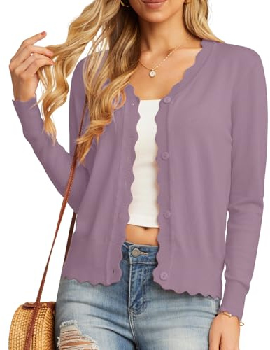 GRECERELLE Women's Cardigans Knit Long Sleeve V Neck Button Down Lightweight Ladies Scalloped Shrugs Jumper Cardigan for Dress Summer Evening Wedding