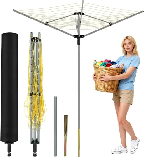 tonchean 165 Feet Clothesline Outdoor Umbrella Drying Rack, 4-arm Rotary Umbrella Clothesline for Laundry Adjustable Height Rotary Dryer Collapsible Clothes Drying Rack with 12-Lines
