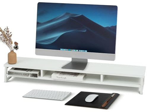 Lumibric 108 cm großer Dual-Monitorständer mit Ablage, 2-Etagen-Holz-Desktop-Organizer für Computer, Laptop, Fernsehbildschirm, Drucker, Weiß