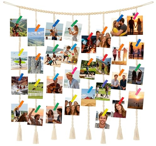 GWAEPU Hängender Fotowand Bilderwand zum Aufhängen: Boho Wandbehang mit Baumwollseil und Holzperlen Inklusive 45 Bunter Clips für Fotos DIY Raumgestaltung für Studenten und Junge Paare