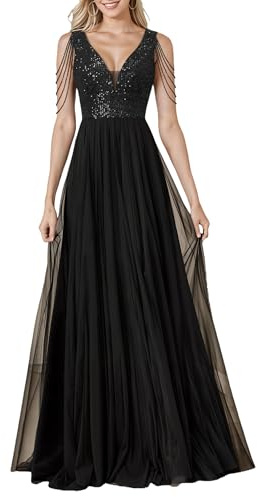HOMEYEE Damen Vintage Pailletten Mesh Glitzer V-Ausschnitt Party Ballkleid Sexy Rückenfrei Abendkleider A-Linie Hochzeitskleid A488 (L, Schwarz)
