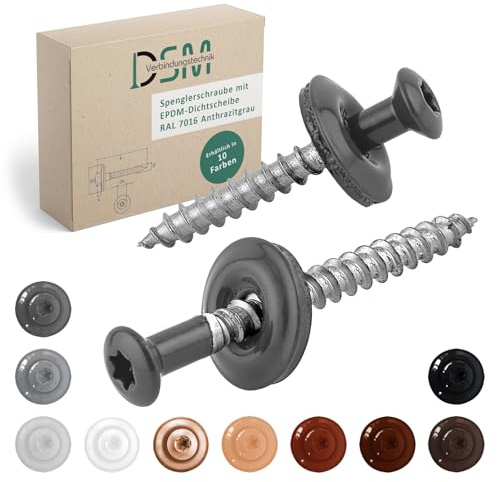 DSM – Spenglerschrauben Anthrazit 4,5 x 60 mm – Edelstahl A2 – 100 Stück | mit Dichtscheibe EPDM (15mm) & Torx TX20 – ähnl. DIN 7995 / DIN 9171 [TrueSpec Präzision] Dachschrauben Trapezblechschrauben