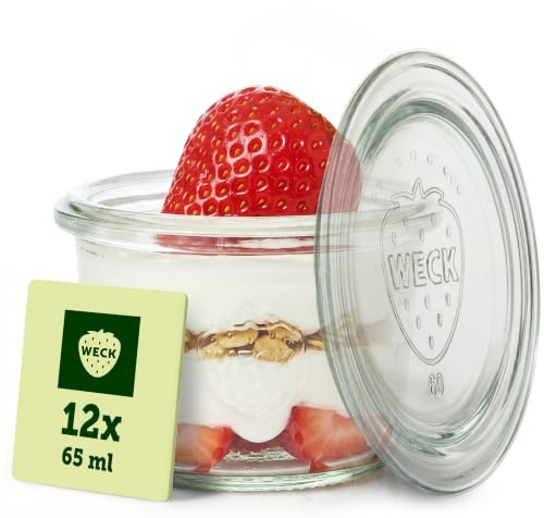 Weck Gläser 65ml – 12er Set mit Deckeln – Sturzform – robuste, stapelbare Dessertgläser, Einkoch- & Einmachgläser – klein – Weckglas ideal für Nachtisch – Made in Germany