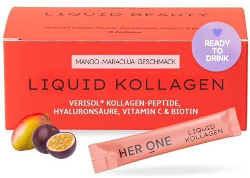 HER ONE LIQUID KOLLAGEN | Flüssiges Kollagen Mango-Maracuja-Geschmack | Collagen Drink mit Biotin, Hyaluronsäure & Vitamin C | Kollagen Drink To Go | Beauty Collagen Trinkampullen | 15 Sticks