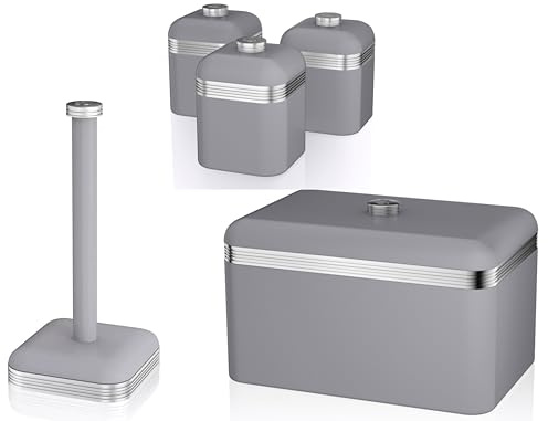 Swan Retro Grey Storage Set – Bread Bin, 3 Canisters & Kitchen Roll Holder – Vintage Style Matching Storage Set of 5 for Kitchen Organisation