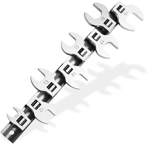 MCTNCT Hahnenfußschlüssel-Set,8-teilig,3/8 Antrieb,Maulschlüssel-Set,metrische Größen 10–19 mm,hochglanzverchromt,mit Aufbewahrungsschiene,Hahnenfußschlüssel-Set mit offenem Ende ﻿
