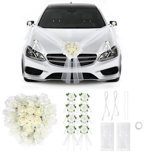SUPAWAY Autoschmuck Herzförmige Hochzeit Blumen Motorhaube Herzen Girlande | Herzförmiges Set mit 1x Herzen Girlande, 4x Türgriffblume, 2 x 1,8m Tüll für Just Married, Bridal Shower, Wedding Ceremony