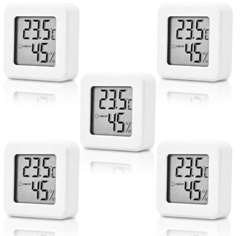 5er Set Mini Digital Thermometer Hygrometer Innen mit LCD Anzeige | Schnelle Messung, Smiley-Komfortanzeige, Kompaktes Design, Hohe Genauigkeit, Tisch- & Wandmontage, Energiesparend
