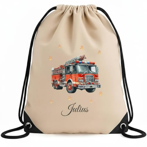 smartaini Turnbeutel mit Namen, Sporttasche Kinder, personalisierter Jutebeutel, Sportbeutel für Kita, Schule & Kindergarten (33x45cm) Stoffbeutel mit Kordelzug (Feuerwehr)