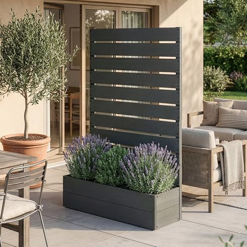 [en.casa] Blumenkasten mit Sichtschutz Heerde Pflanzkasten mit Trennwand Balkon 150 x 90 x 38 cm Pflanzkübel WPC Outdoor Pflanzenbox Rankhilfe Garten Grau