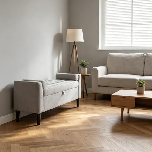 GarveeMore Sitzbank mit Stauraum (118cm), Polsterbank & Sitztruhe aus Samt mit Armlehnen und Holzbeinen, Truhenbank als Schuhbank, Bettbank & Garderobenbank für Flur, Schlaf- & Wohnzimmer (Hellgrau)