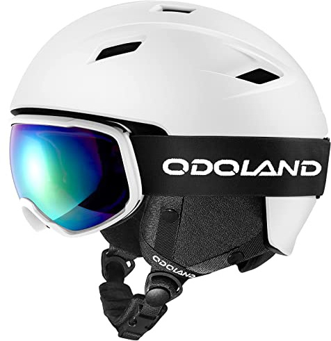 Odoland Kit di Casco Sci con Maschera Sci, Casco Snowboard per Uomo Donna Adolescenti, Casco Ski Regolabile e Occhiali Sci UV400 Proteczione, per Sport Invernali All'aperto, Bianco, S