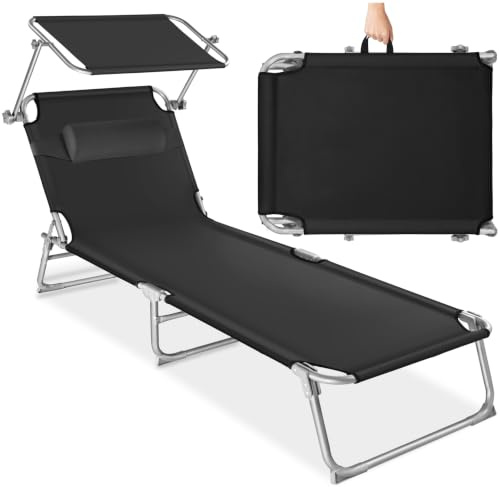 tectake® Chaise Longue Pliante Bain de Soleil avec Pare Soleil & Appuie-tête - Inclinable Transat de Plage Relax pour Jardin, Camping, Salon Extérieur - Noir
