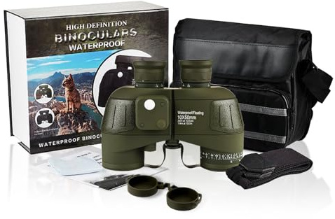 ToopMount Fernglas 10×50 Teleskop-Fernglas Grün Weites Sichtfeld Eingebauter Entfernungsmesser und Kompass mit Nylon-Aufbewahrungstasche Reisen Camping Segeln Bootfahren Sport Jagd Angeln