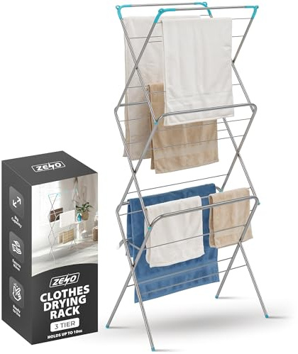 ZENO Clothes Drying Rack 3 Tier | Clothes Airer | Laundry Drying Rack for Outdoor & Indoor Use | Steel Clothes Airer Rack with Non Slip Feet | Flat Foldable & Space Saving | Holds Up To 10KG
