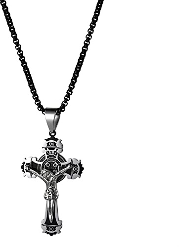 Flongo Rosenkranz Männer Kette Frauen Halskette mit INRI Jesus Kreuz Kruzifix Anhänger Schwarz Damen Herren-Accessoires