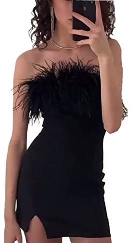 Vestido sexy de plumas con hombros descubiertos para mujer, corte de piel sintética, sin tirantes, bodycon vendaje de noche, vestido de fiesta, B, L