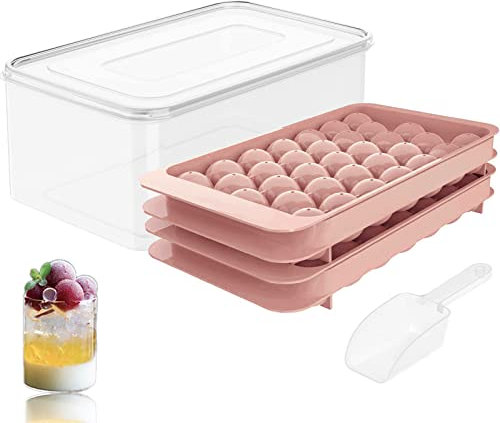 Mini Sphere Ice Cube Tray Balls, Round Ice Ball Maker Mould for Freezer, Includes Free Container (Pink)