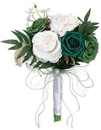 Bouquet da Sposa con Fiori Artificiali per La Sposa, Bouquet da Lancio, Che Tengono a Mano Bouquet da Damigella d'Onore da Sposa con Ros, Verde Bianco