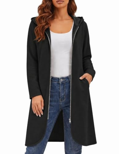 Zeagoo Sudadera Larga con Cremallera para Mujer, Ligera, túnica de Gran tamaño, con Frontal Abierto, Chaqueta con Bolsillos, A_Fleece Fabric_Black, 3XL