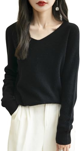 Chanyarn Maglione da Donna 100% Lana Merino con Scollo a V 2025 Casual a Maniche Lunghe Senza Cuciture Maglia Maglione (Black,S)