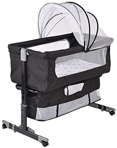 OHMG Beistellbett für Neugeborene, mit Moskitonetz, Babywiege an der Seite des Bettes, höhenverstellbar, Wiege für Neugeborene mit um 360° drehbaren Rollen, Korb für Gegenstände