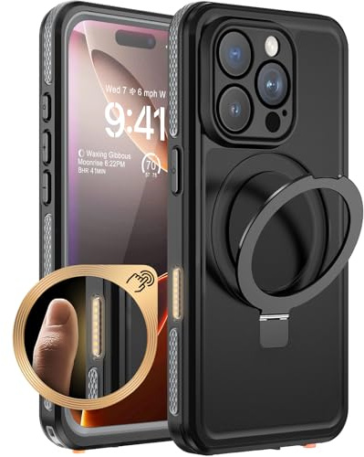 Beeasy Cover per iPhone 16 Pro Max Impermeabile con Cavalletto,con MagSafe, Protezione Fotocamera/Schermo,360 Militare Antiurto Resistente Custodia,Indistruttibile Subacquea Waterproof Case