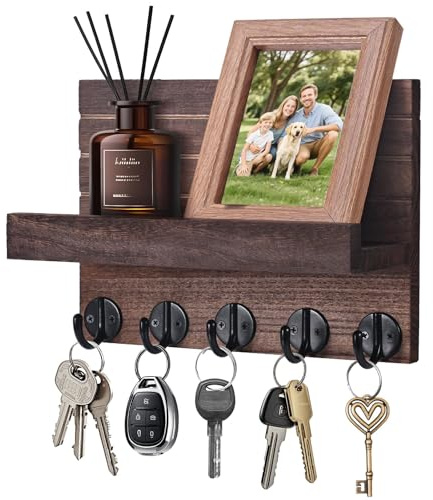 Kldgris Porte Clef Mural, Porte-Clés Mural en Bois, Porte Courrier Mural, avec 5 Crochets à Clés, pour Salon, Salle de Bain, Cuisine, Les Entrées, Couloirs (Brun)