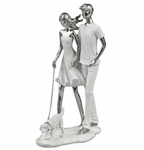 formano Dekofigur Paar mit Hund 19x 27 cm Handbemalt Skulptur Liebe Moderne Deko für Zuhause Groß Wohnzimmer Flur Büro Geschenk Valentinstag Geburtstag Hochzeit weiß/Silber