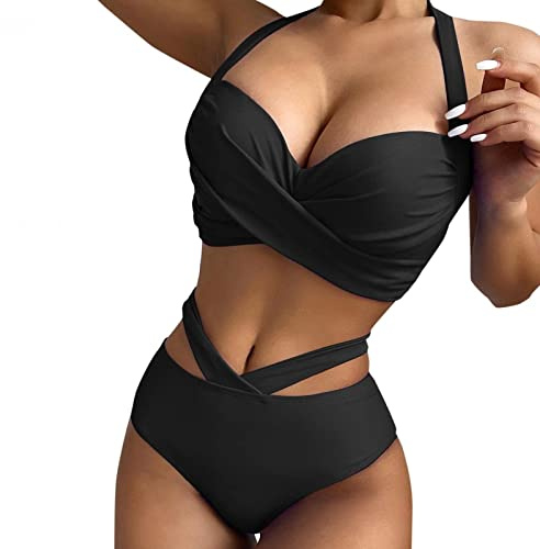 Singular-Point Bikini Neckholder Damen Set Push Up Badeanzug Sexy Bandage Zweiteilige Bademode Frauen Mode High Waist Bikini Bauchweg Einfarbig Badeanzug S-XXL