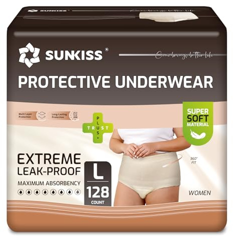 SUNKISS Blöjor för kvinnor för vuxna - Engångsinkontinensbyxor - Absorberande trosor för förlossning och graviditet - Maximalt skydd mot urinvägarna - Beige - Storlek L - 128 st