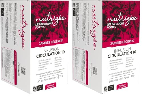 NUTRIGÉE - Infusion Circulation 10 Bio - Jambes Légères - Circulation & Draineur - Vigne Rouge, Ginkgo Biloba, Petit Houx, Hamamélis, Marc De Raisin, Reine Des Prés, Bouleau, Piloselle - 30 Sachets