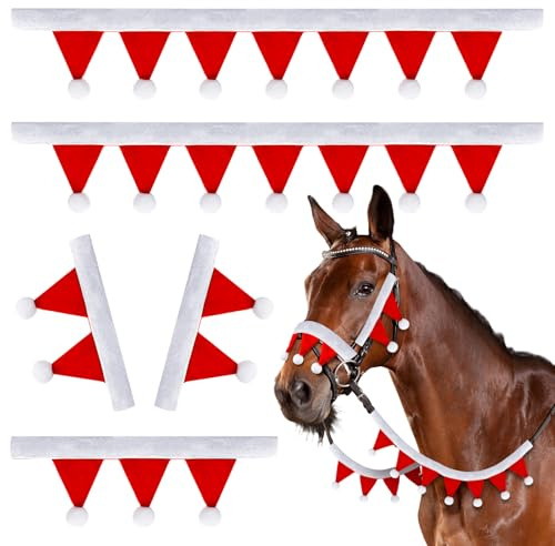 Abbylike Ensemble de brides en feutre pour cheval de Noël : 2 pièces de bride et de rêne, 1 coussinet de nez, 2 coussinets de joues, mini brides de cheval de Père Noël et couvertures de rênes avec