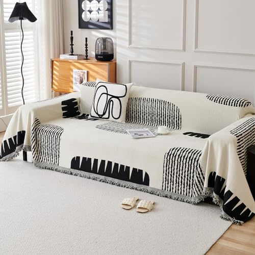 Copridivano universale 4 stagioni, decorazione per la casa, coperta in morbida ciniglia con frange delicate, 180 x 340 cm, nero