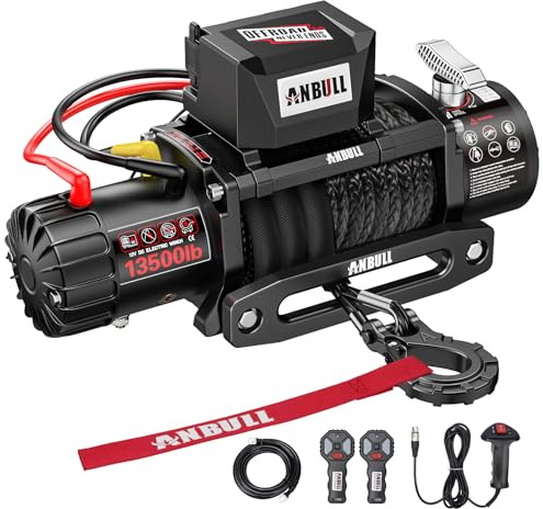 Anbull Elektrische Seilwinde 12V 6,6 PS 13500 LBS/6T Synthetikseil 26m IP67 | 2x Funkfernbedienung 1x Kabelfernbedienung, Motorwinde, Kompatibel mit Quad, SUV, LKW, Bootstrailer, SUV Pickup