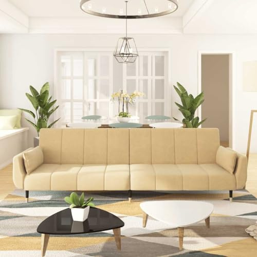 YuuSsea Bäddsoffa 2-sitsig med 2 kuddar, gräddvit sammet, justerbart ryggstöd, 220 x 84,5 x 69 cm för vardagsrum, gästrum, modern design