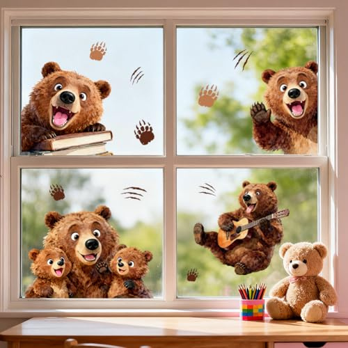 ANATTASOUL Lustiger Braunbär Fensterbilder for Frühling Sommer | Doppelseitig Blickdichter Badezimmer Fensterbilder Kinderzimmer Wiederverwendbare Fensterbilder Frühling for Winter Herbst
