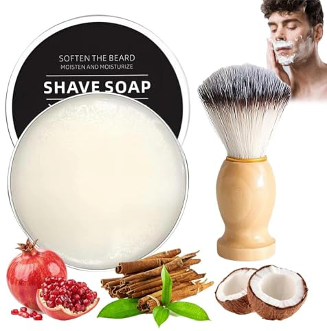 Shaving Soap for Men with Coconut Oil - Rich Lather Cream Bar, Dense Foam Kit with Brush - Travel Friendly Men's for Smoothest Shave.
