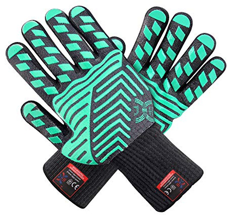 J H Heat Resistant Oven Glove:EN407 Certified 932 °F, 2 Layers Silicone Coating, Oven Mitts for Cooking, Kitchen, Fireplace,Camping, Grilling (Black/Green, Regular Cuff)