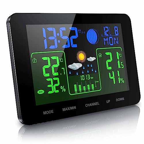 CSL-Computer - Funk Wetterstation mit Farbdisplay und Außensensor - Innen und Außentemperatur - Barometer mit Luftdruckhöhenausgleich - Frostalarm - 2 Weckalarme - LCD Display - inkl. Netzteil