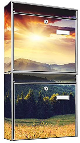 banjado Briefkastenanlage 2 Fach - 2 Briefkästen 36x64x10cm groß - Doppelbriefkasten Set - Namensschild, 2 Schlüssel, Montagematerial - Stahl verzinkt Silber - Motiv Sonnenuntergang