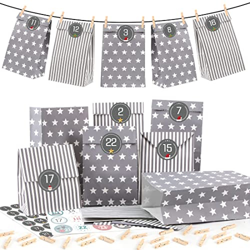 Adventskalender zum Befüllen Grau,25 Adventskalender Papiertüten mit Zahlenaufklebern,DIY Weihnachtskalender zum Befüllen, Geschenktüten Weihnachts,Adventskalender Selber Basteln für Weihnachtszeit